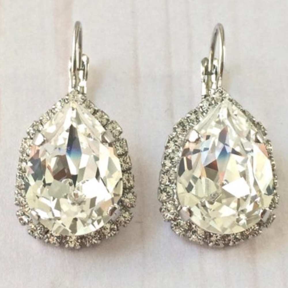 Crystal Teardrop Halo Drop Earrings - Clear